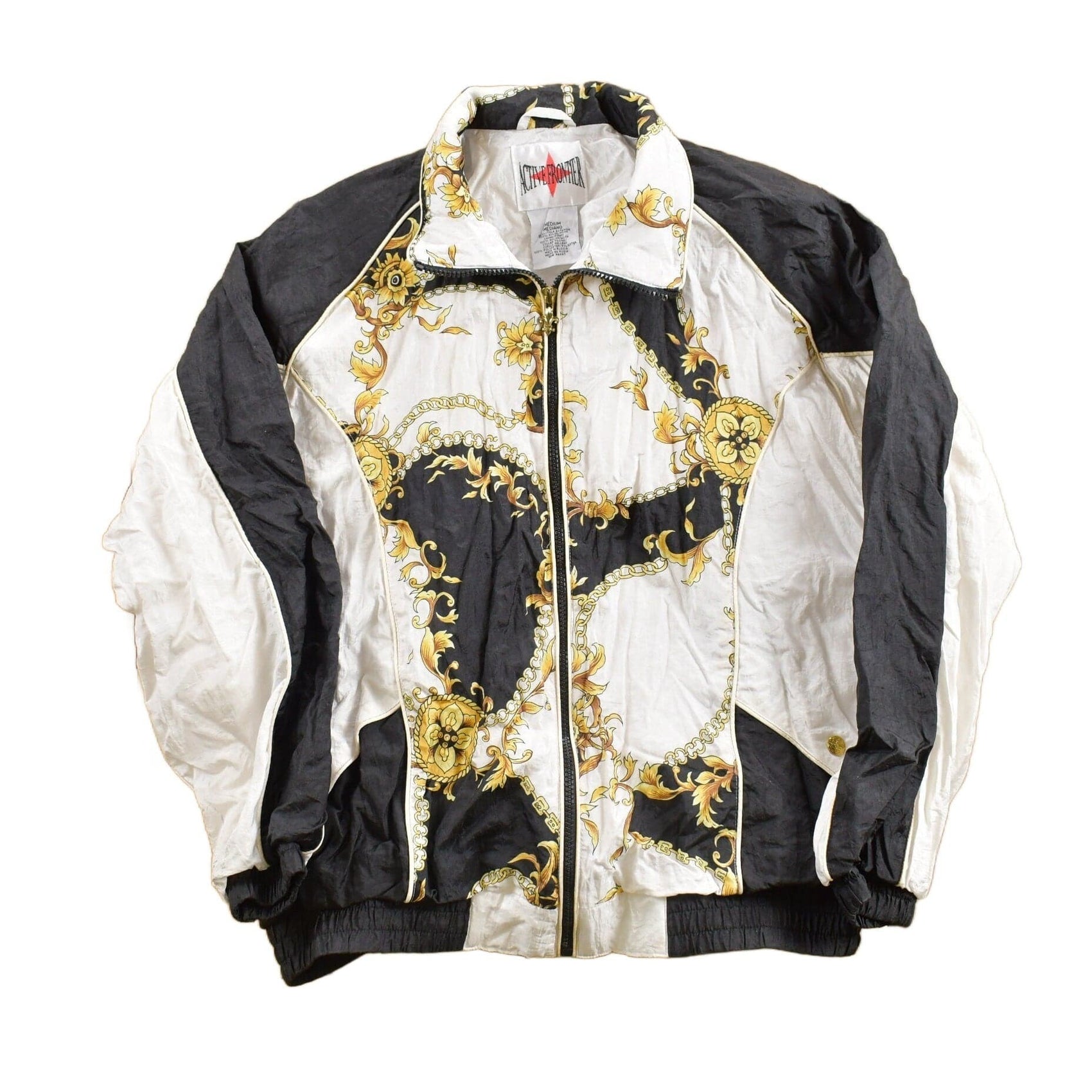 Vintage 1980s Active Frontier Abstract Golden Floral Pattern Windbreaker Jacket All Over Print Men's Medium from propervintagecanada