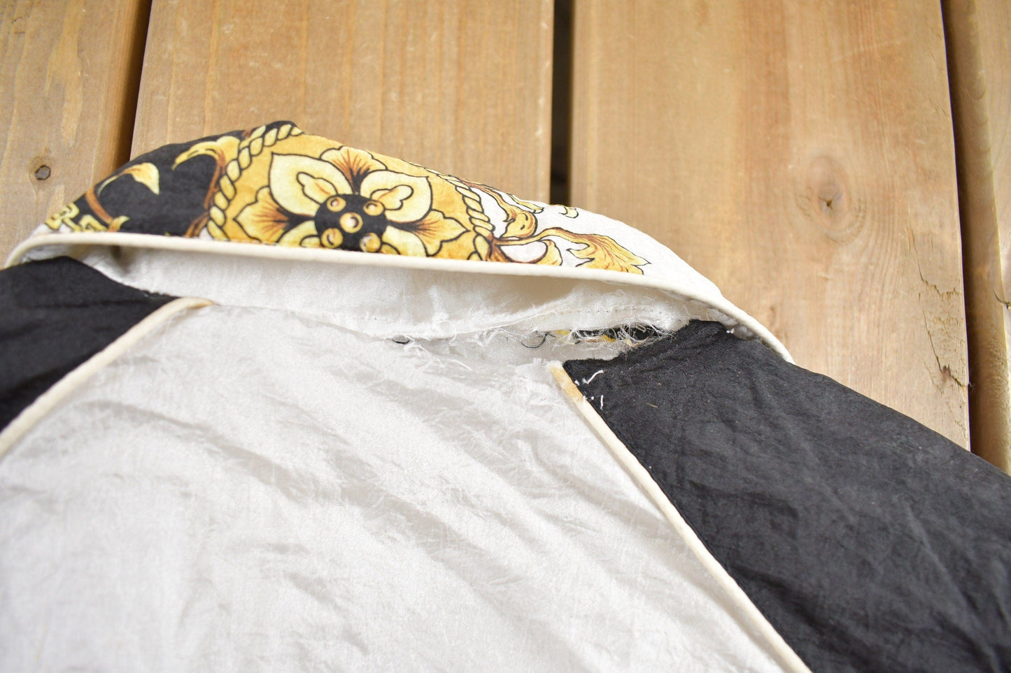 Vintage 1980s Active Frontier Abstract Golden Floral Pattern Windbreaker Jacket All Over Print Men's Medium from propervintagecanada
