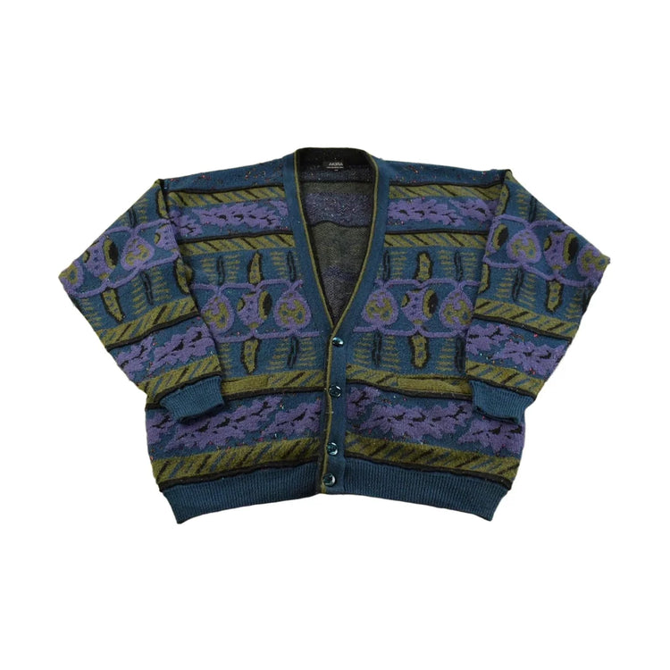 Vintage 1980s Akira Abstract Knit Cardigan Sweater Men's L from propervintagecanada