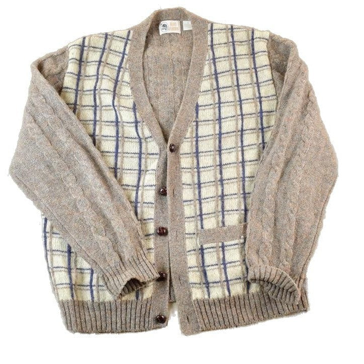 Vintage 1980s Alan Flusser 100% Wool Plaid Knit Perfect Mild Distress Cardigan Sweater Made In USA from propervintagecanada