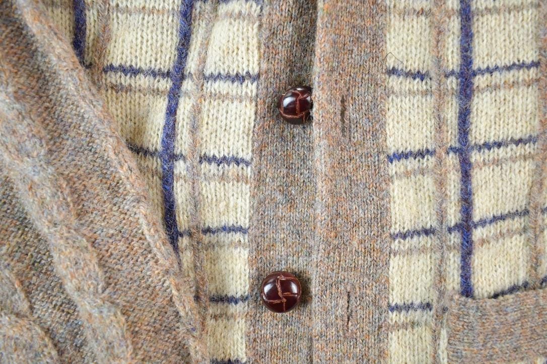 Vintage 1980s Alan Flusser 100% Wool Plaid Knit Perfect Mild Distress Cardigan Sweater Made In USA from propervintagecanada