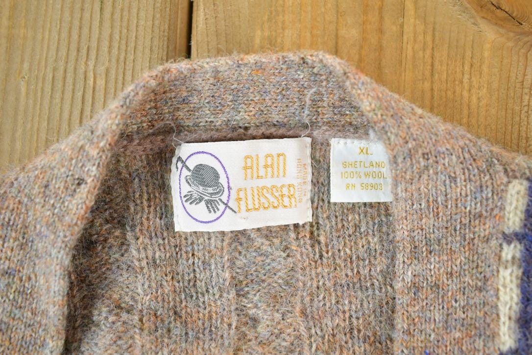 Vintage 1980s Alan Flusser 100% Wool Plaid Knit Perfect Mild Distress Cardigan Sweater Made In USA from propervintagecanada