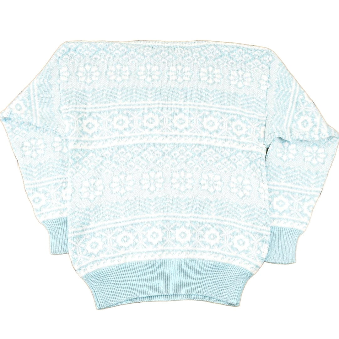 Vintage 1980s B I Gear Abstract Winter Blue Knit Crewneck Sweater Women's S from propervintagecanada