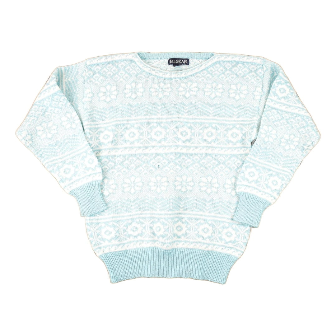 Vintage 1980s B I Gear Abstract Winter Blue Knit Crewneck Sweater Women's S from propervintagecanada