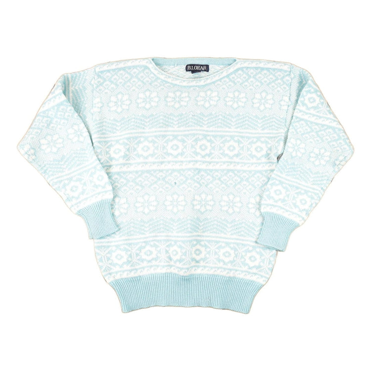 Vintage 1980s B I Gear Abstract Winter Blue Knit Crewneck Sweater Women's S from propervintagecanada
