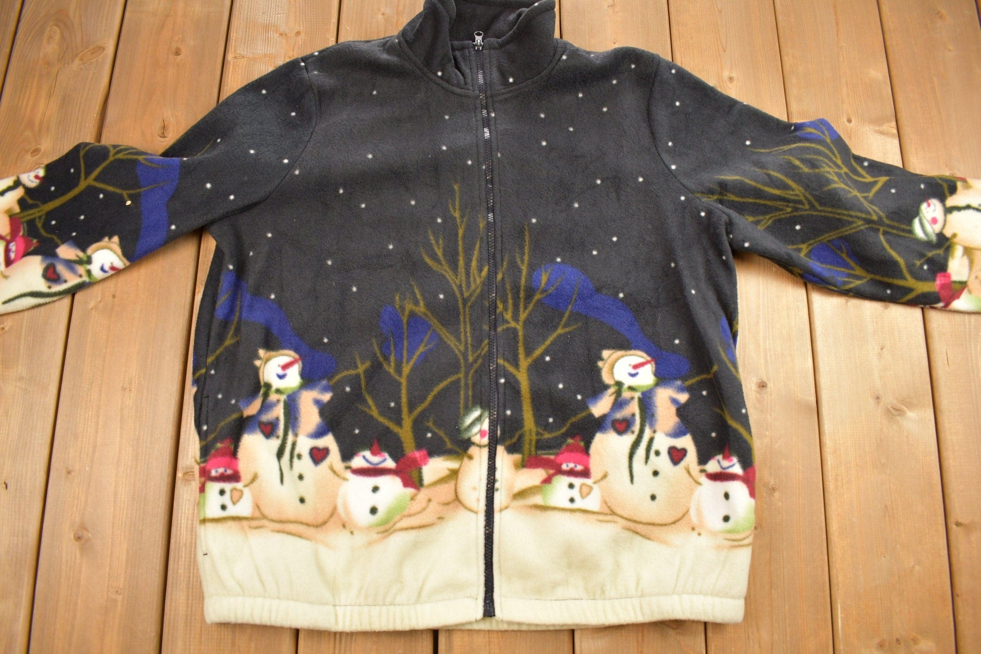 Vintage 1980s Blair All Over Print Snowman Fleece Sweater Men's Large from propervintagecanada