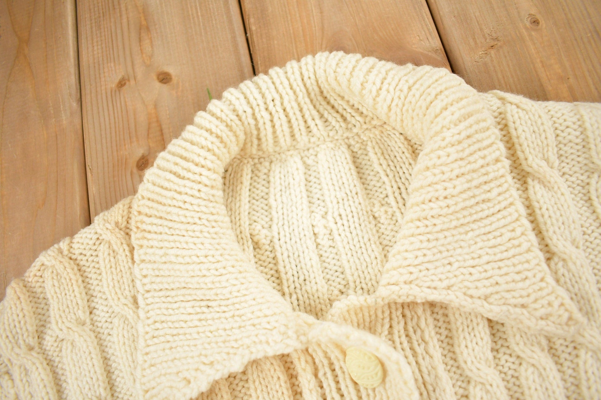 Vintage 1980s Blank 100% Wool Cable Knit Cardigan Sweater Men's Large from propervintagecanada