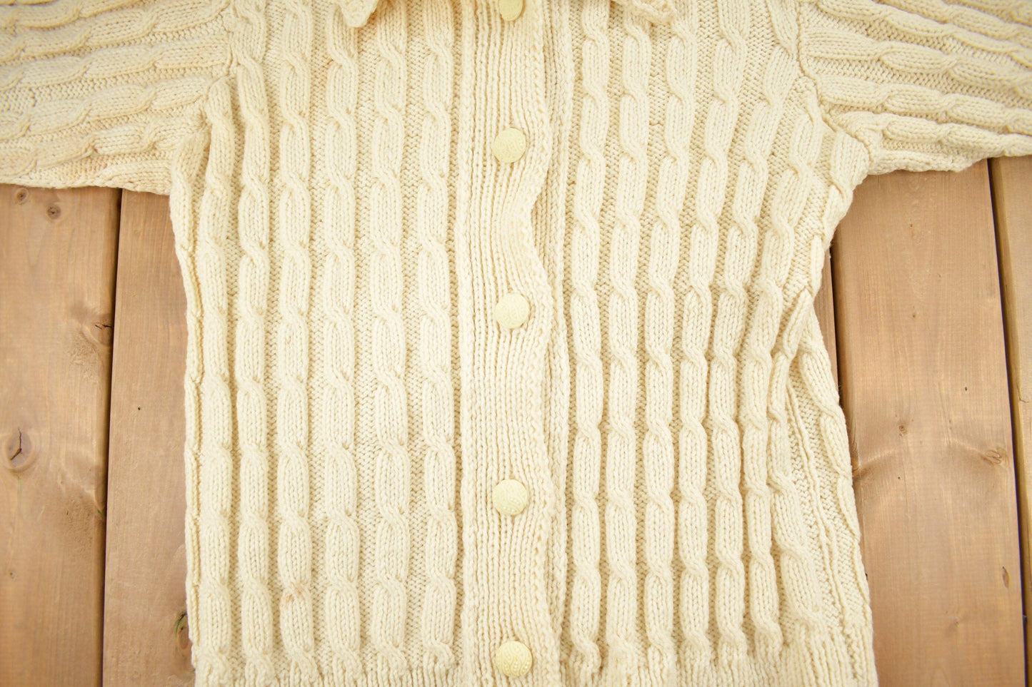 Vintage 1980s Blank 100% Wool Cable Knit Cardigan Sweater Men's Large from propervintagecanada