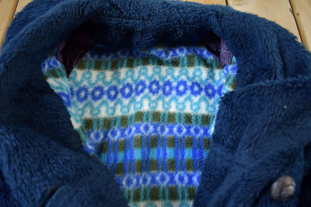 Vintage 1980s Blue Button Up Faux Fur Coat Women's L from propervintagecanada