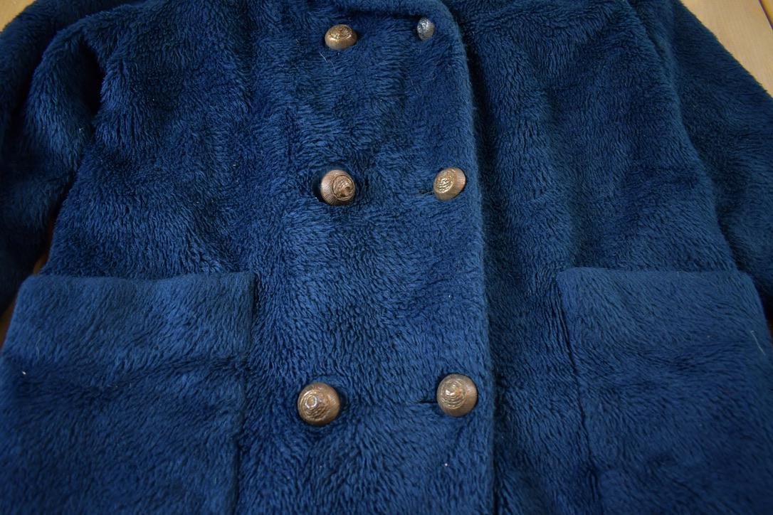 Vintage 1980s Blue Button Up Faux Fur Coat Women's L from propervintagecanada