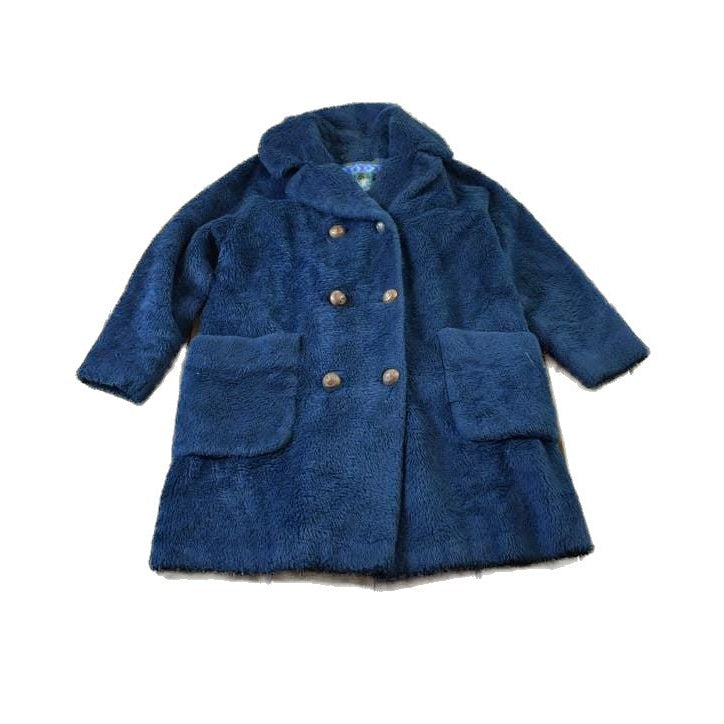 Vintage 1980s Blue Button Up Faux Fur Coat Women's L from propervintagecanada