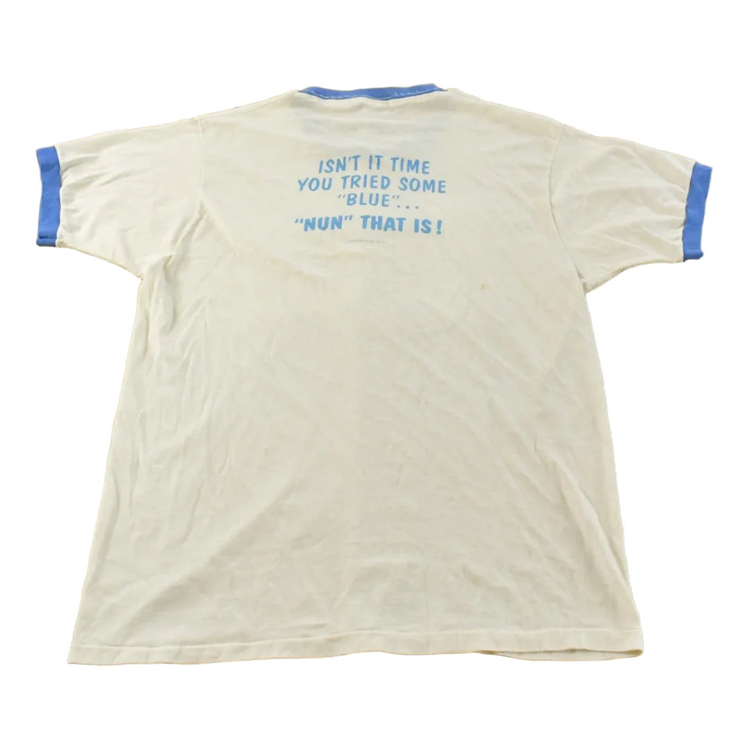 Vintage 1980s Blue Nun Ringer Graphic T Shirt Mens M from propervintagecanada
