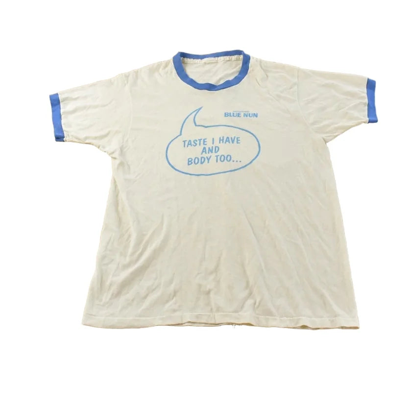 Vintage 1980s Blue Nun Ringer Graphic T Shirt Mens M from propervintagecanada