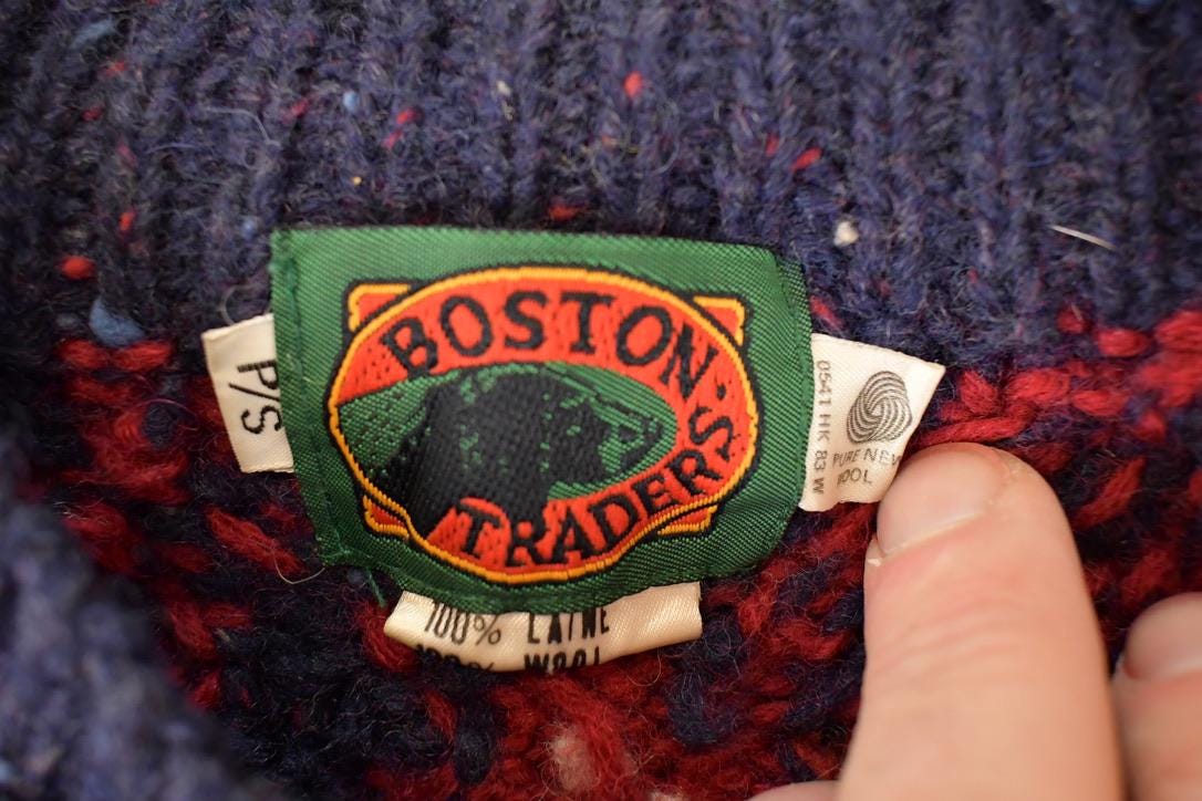 Vintage 1980s Boston Traders Abstract Wool Knit Crewneck Sweater Men's L from propervintagecanada
