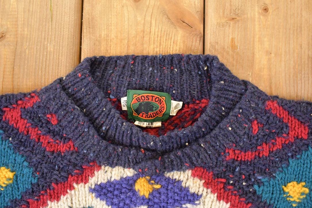 Vintage 1980s Boston Traders Abstract Wool Knit Crewneck Sweater Men's L from propervintagecanada