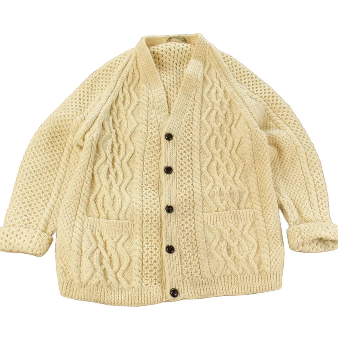 Vintage 1980s Bunratty Hand Knit Wool 3D Cable Knit Cardigan Sweater Men's Large from propervintagecanada