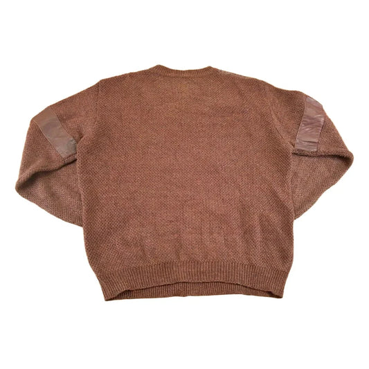 Vintage 1980s Cable Knit Leather Patch Crewneck Sweater Men's L from propervintagecanada