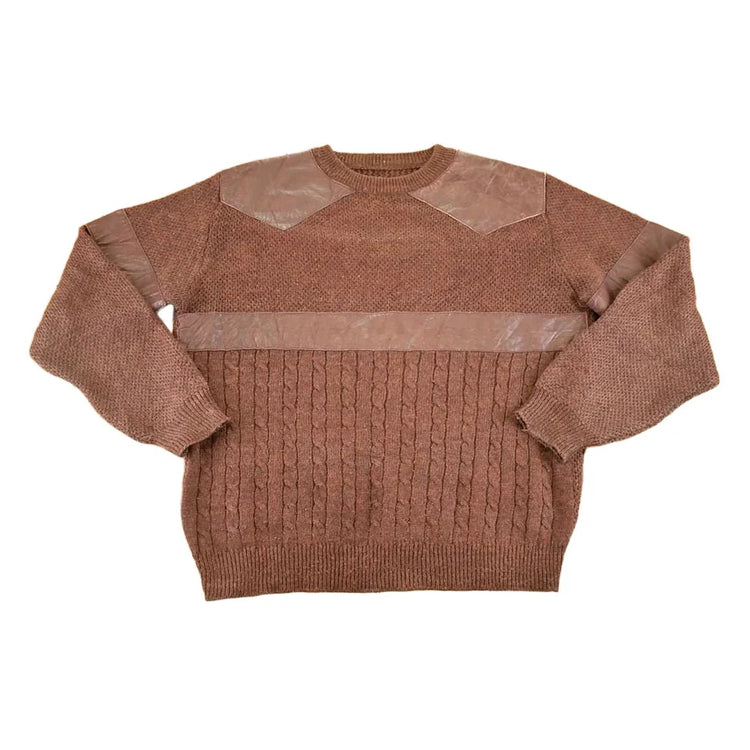 Vintage 1980s Cable Knit Leather Patch Crewneck Sweater Men's L from propervintagecanada