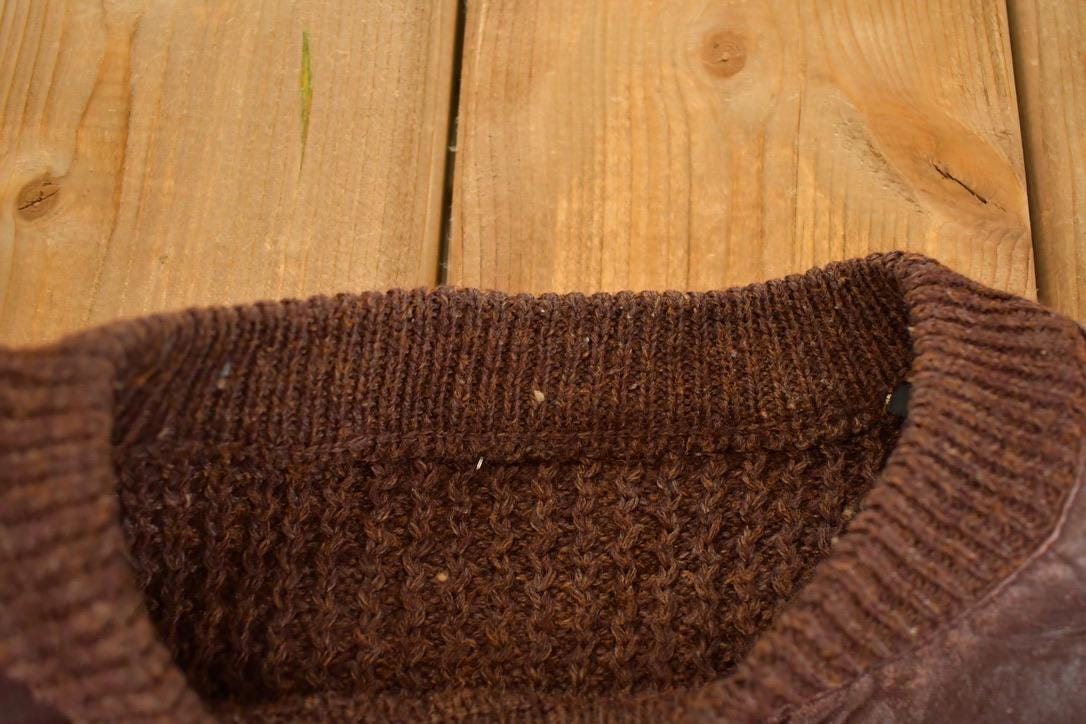 Vintage 1980s Cable Knit Leather Patch Crewneck Sweater Men's L from propervintagecanada