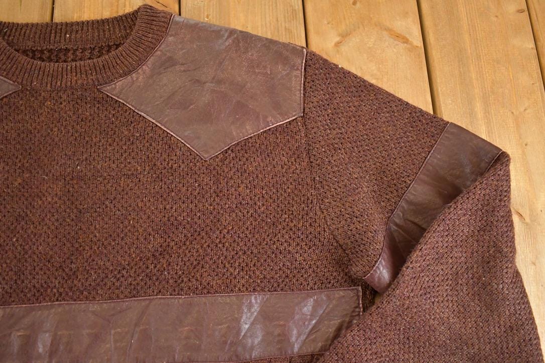 Vintage 1980s Cable Knit Leather Patch Crewneck Sweater Men's L from propervintagecanada