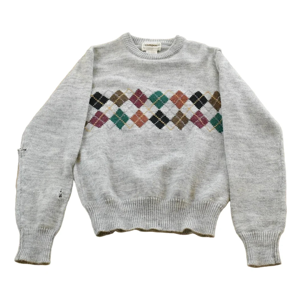 Vintage 1980s Campus Knit Abstract Argyle Pattern Crewneck Sweater Men's S from propervintagecanada