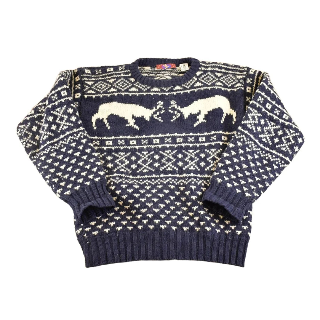 Vintage 1980s Canvasback Bay AOP Fighting Buck Wool Knit Crewneck Sweater Women's M from propervintagecanada