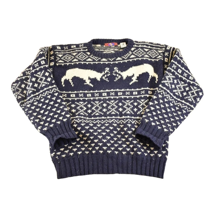 Vintage 1980s Canvasback Bay AOP Fighting Buck Wool Knit Crewneck Sweater Women's M from propervintagecanada