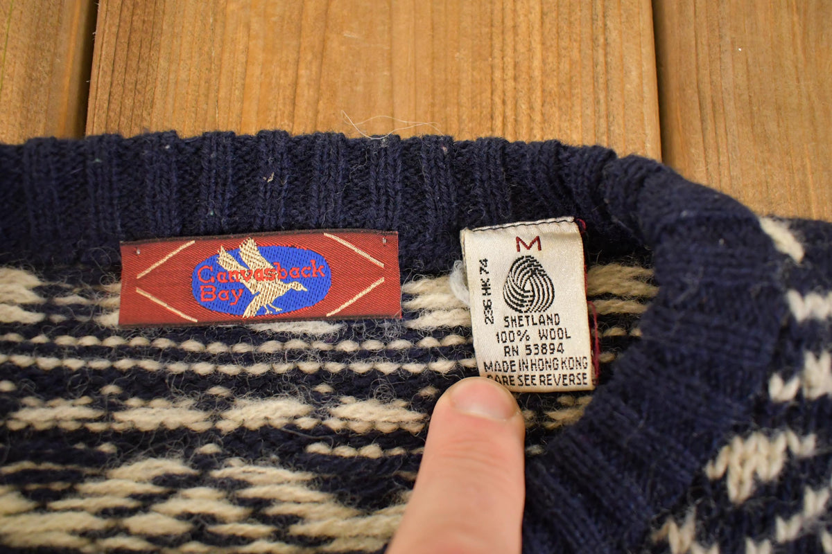 Vintage 1980s Canvasback Bay AOP Fighting Buck Wool Knit Crewneck Sweater Women's M from propervintagecanada