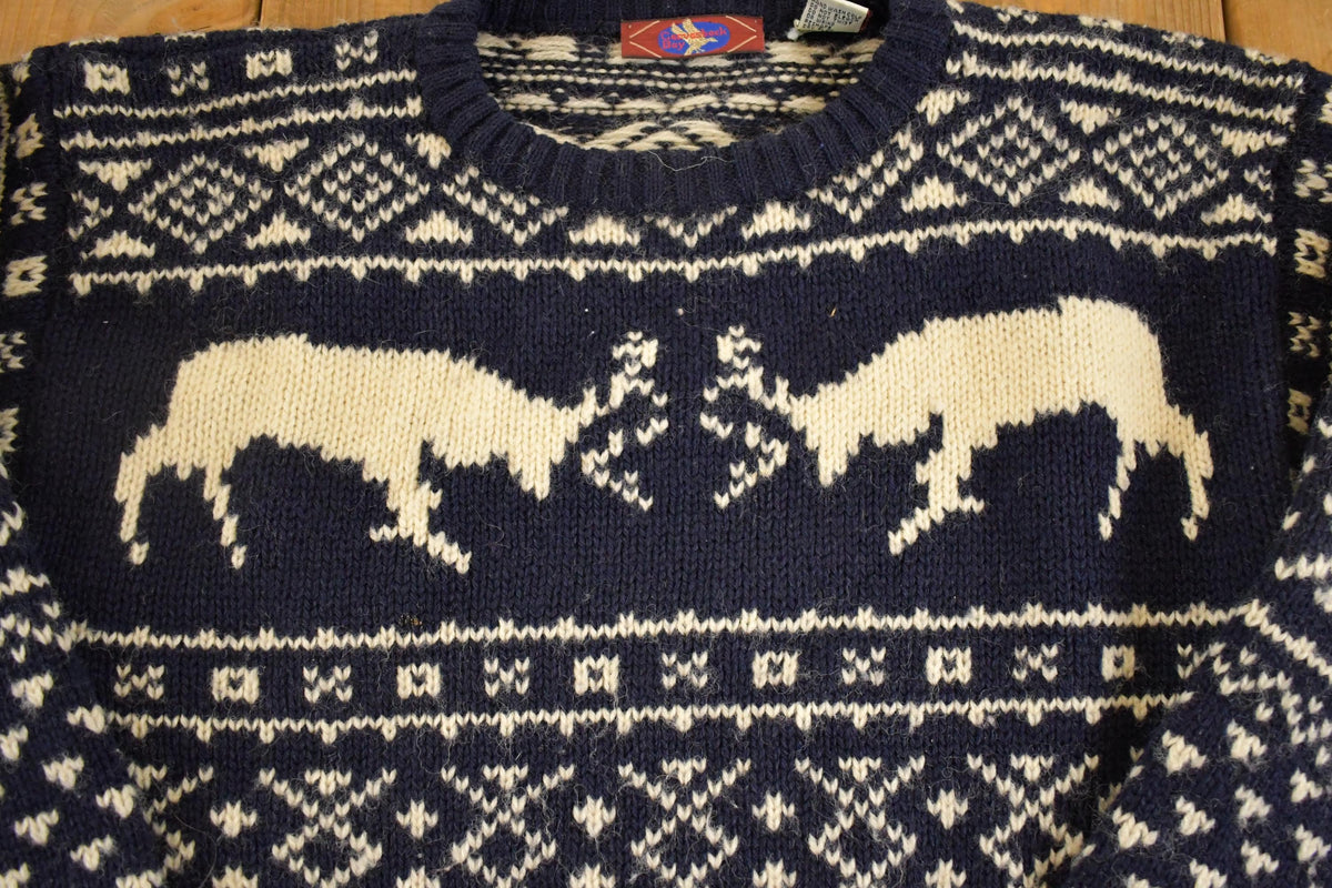 Vintage 1980s Canvasback Bay AOP Fighting Buck Wool Knit Crewneck Sweater Women's M from propervintagecanada