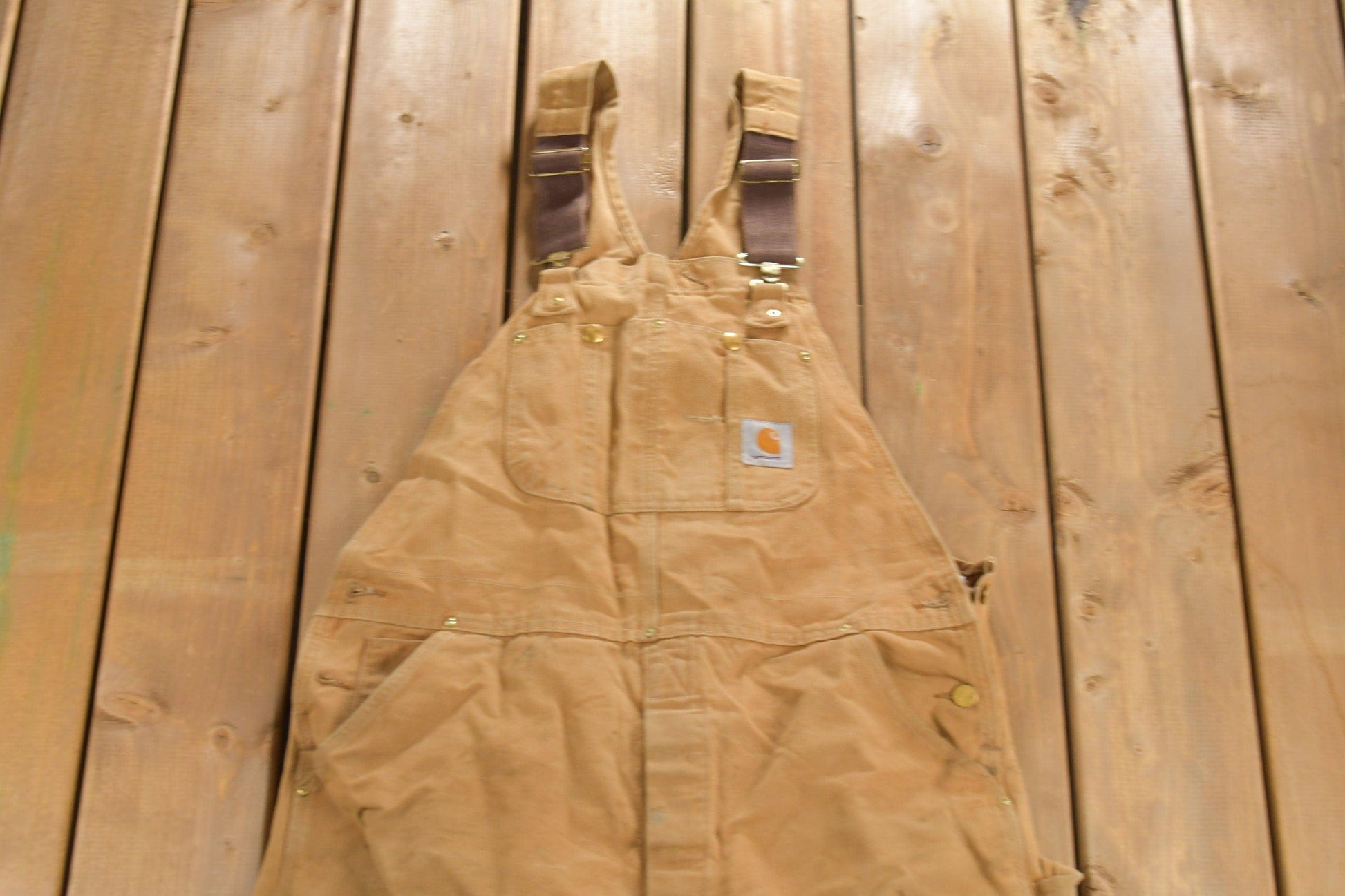 Vintage 1980s Carhartt Beige Canvas Double Knee Overalls Men's 38 x 36 from propervintagecanada