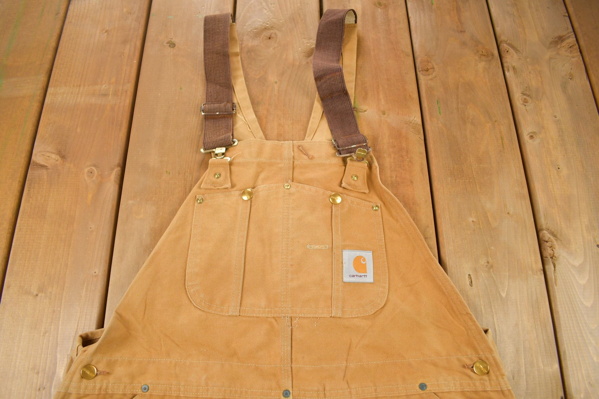 Vintage 1980s Carhartt Beige Canvas Double Knee Overalls Men's 40 x 30 from propervintagecanada
