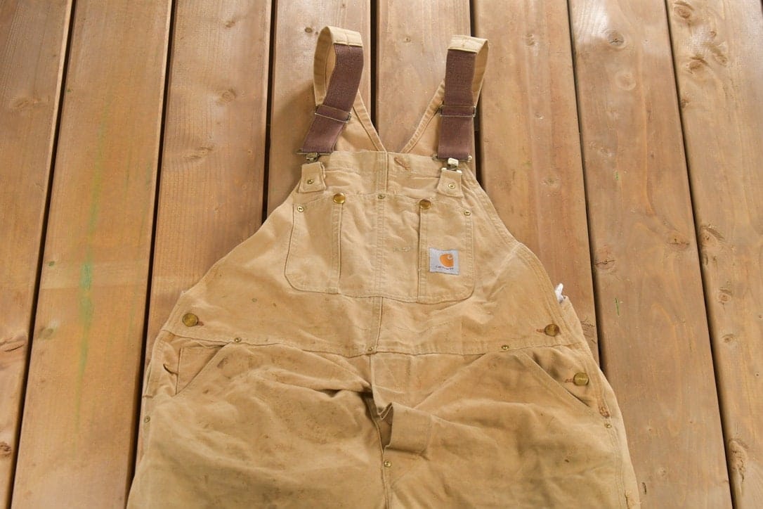 Vintage 1980s Carhartt Beige Canvas Double Knee Overalls Men's 42 x 30 from propervintagecanada