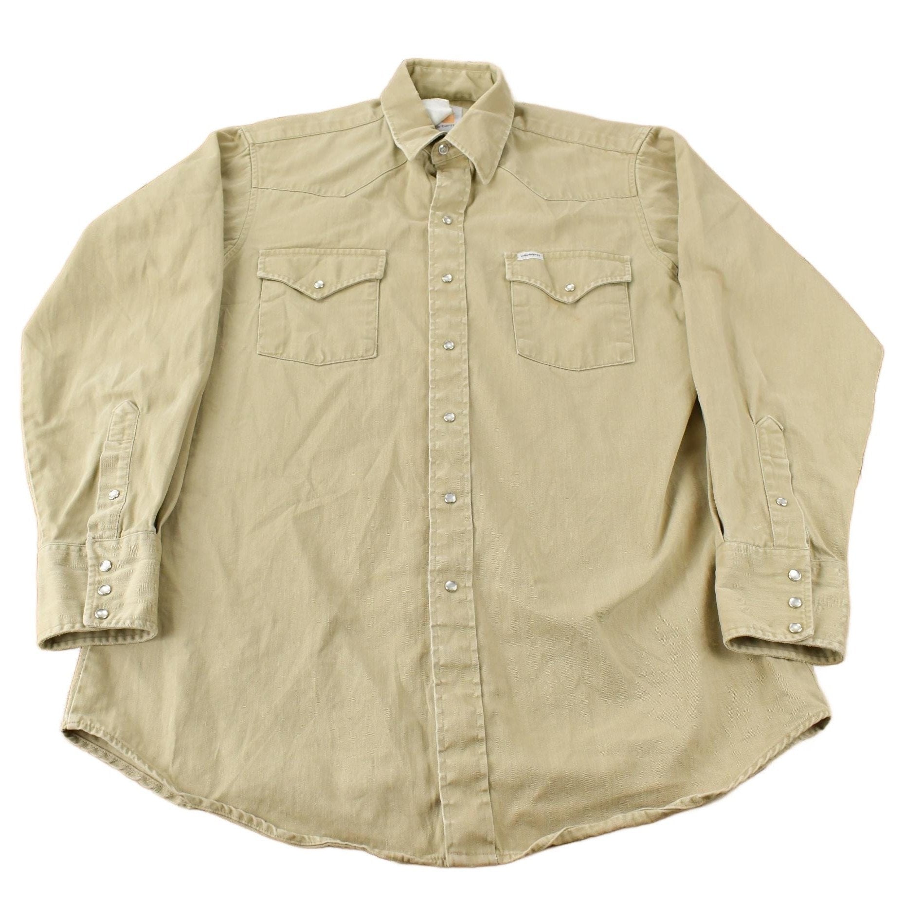 Vintage 1980s Carhartt Beige Snap Button Up Shirt Men's Large from propervintagecanada