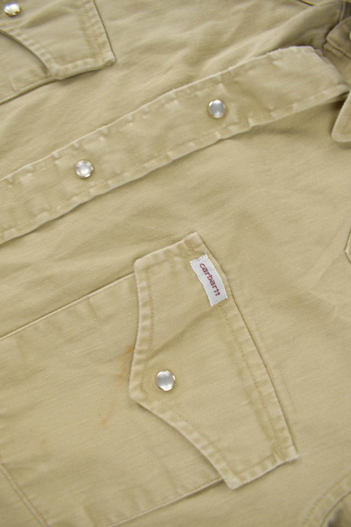 Vintage 1980s Carhartt Beige Snap Button Up Shirt Men's Large from propervintagecanada