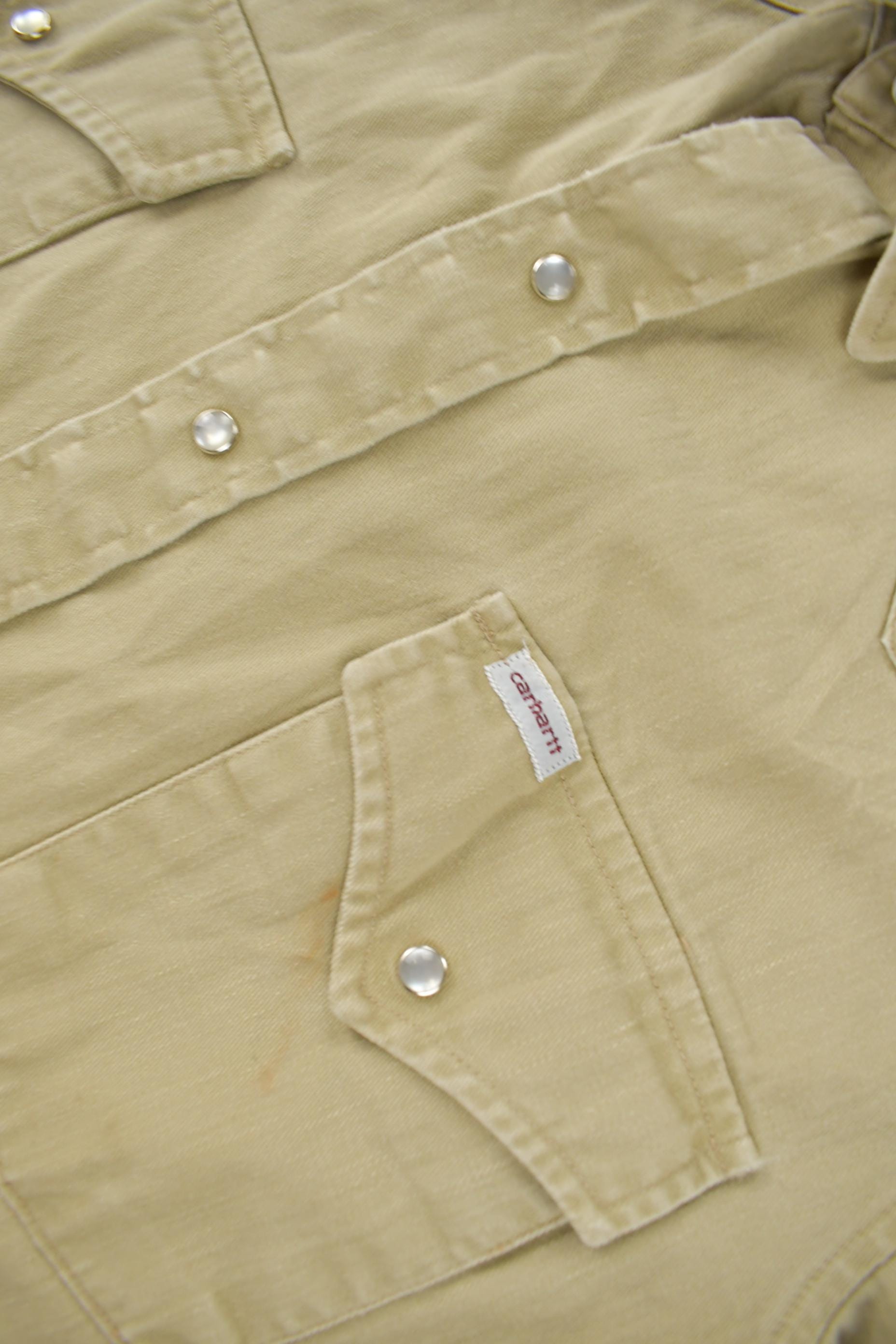 Vintage 1980s Carhartt Beige Snap Button Up Shirt Men's Large from propervintagecanada