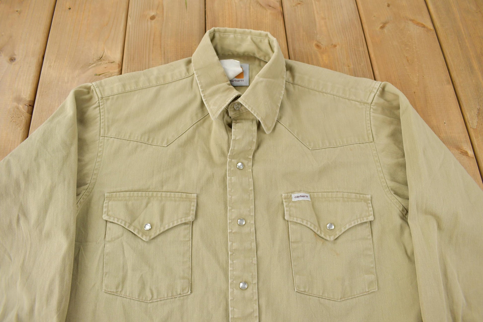 Vintage 1980s Carhartt Beige Snap Button Up Shirt Men's Large from propervintagecanada