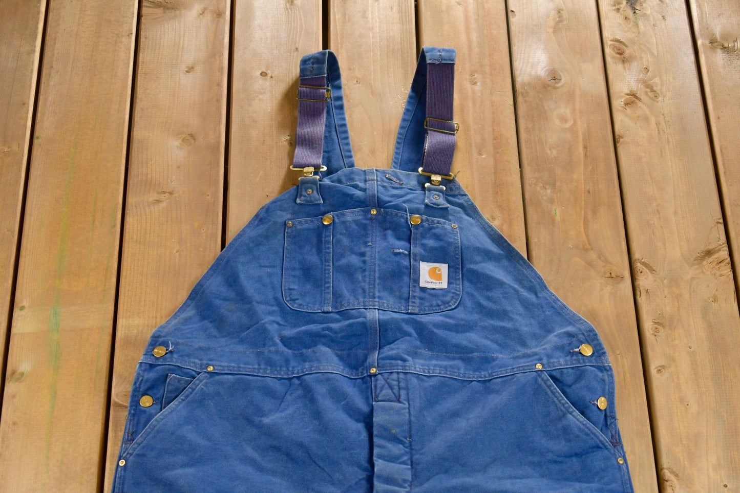 Vintage 1980s Carhartt Blue Canvas Double Knee Overalls Men's 48 x 30 from propervintagecanada