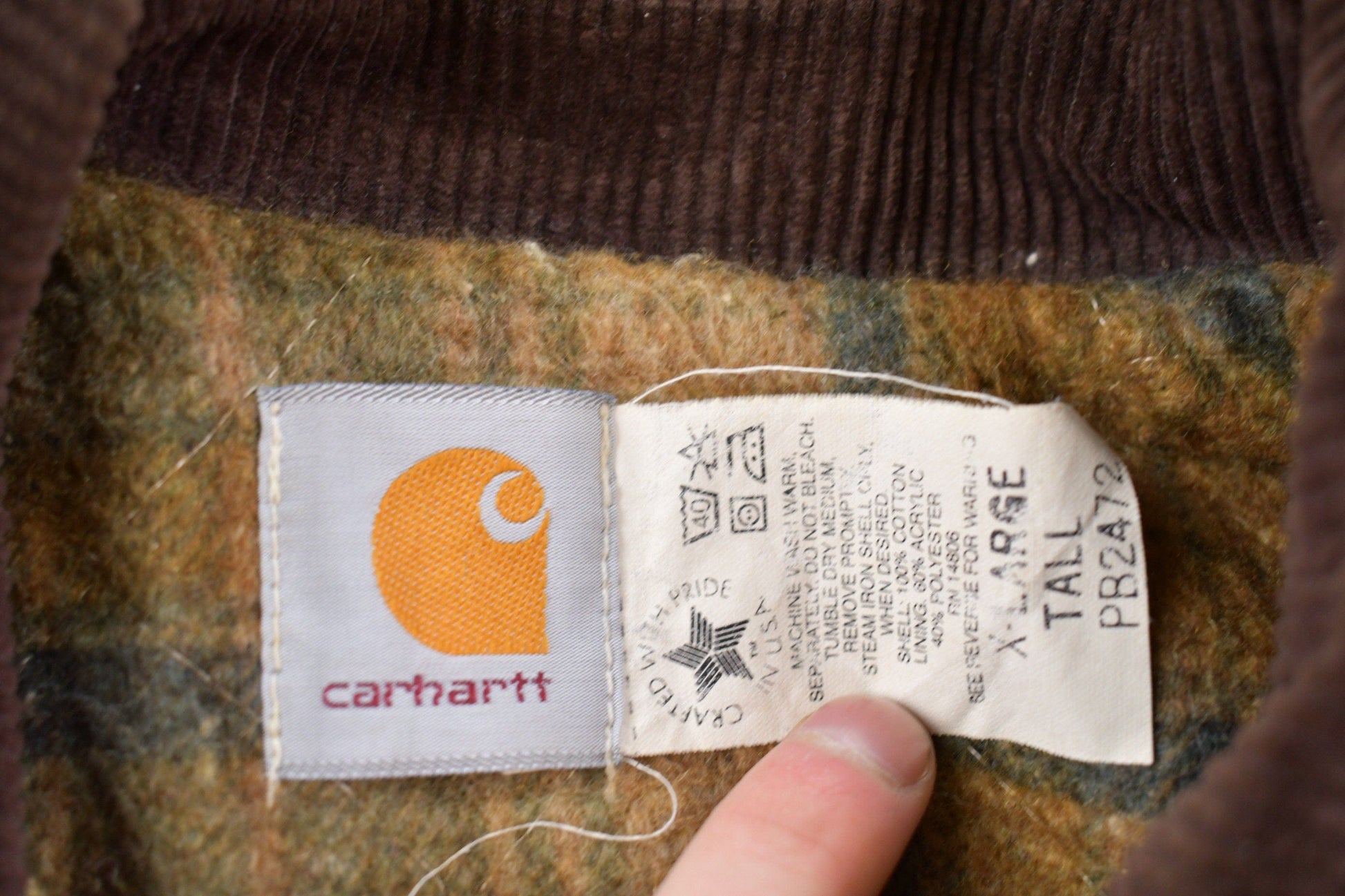 Vintage 1980s Carhartt Chore Coat Olive Green Men's XL Tall from propervintagecanada