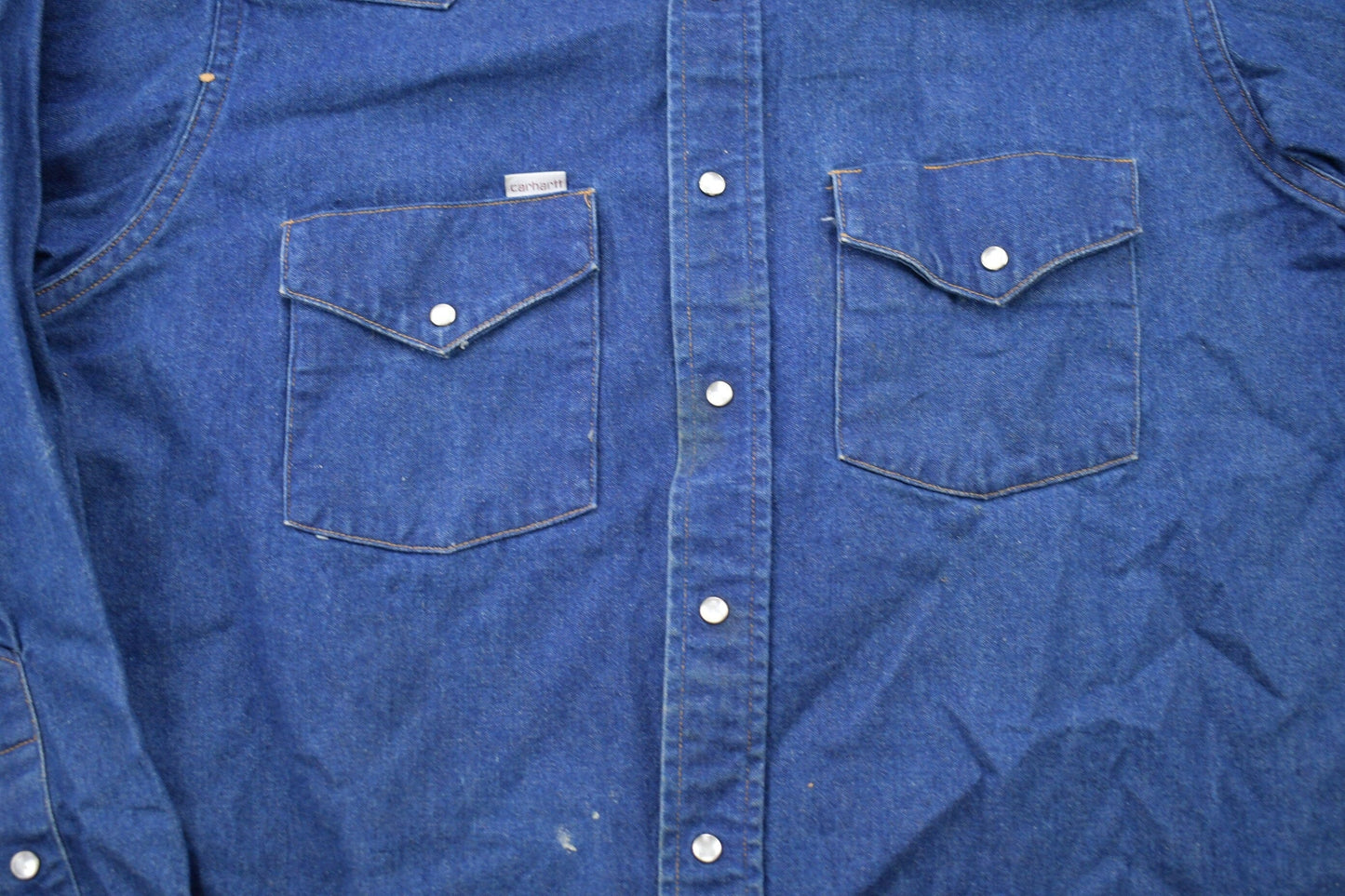 Vintage 1980s Carhartt Denim Button Up Shirt Men's Large from propervintagecanada