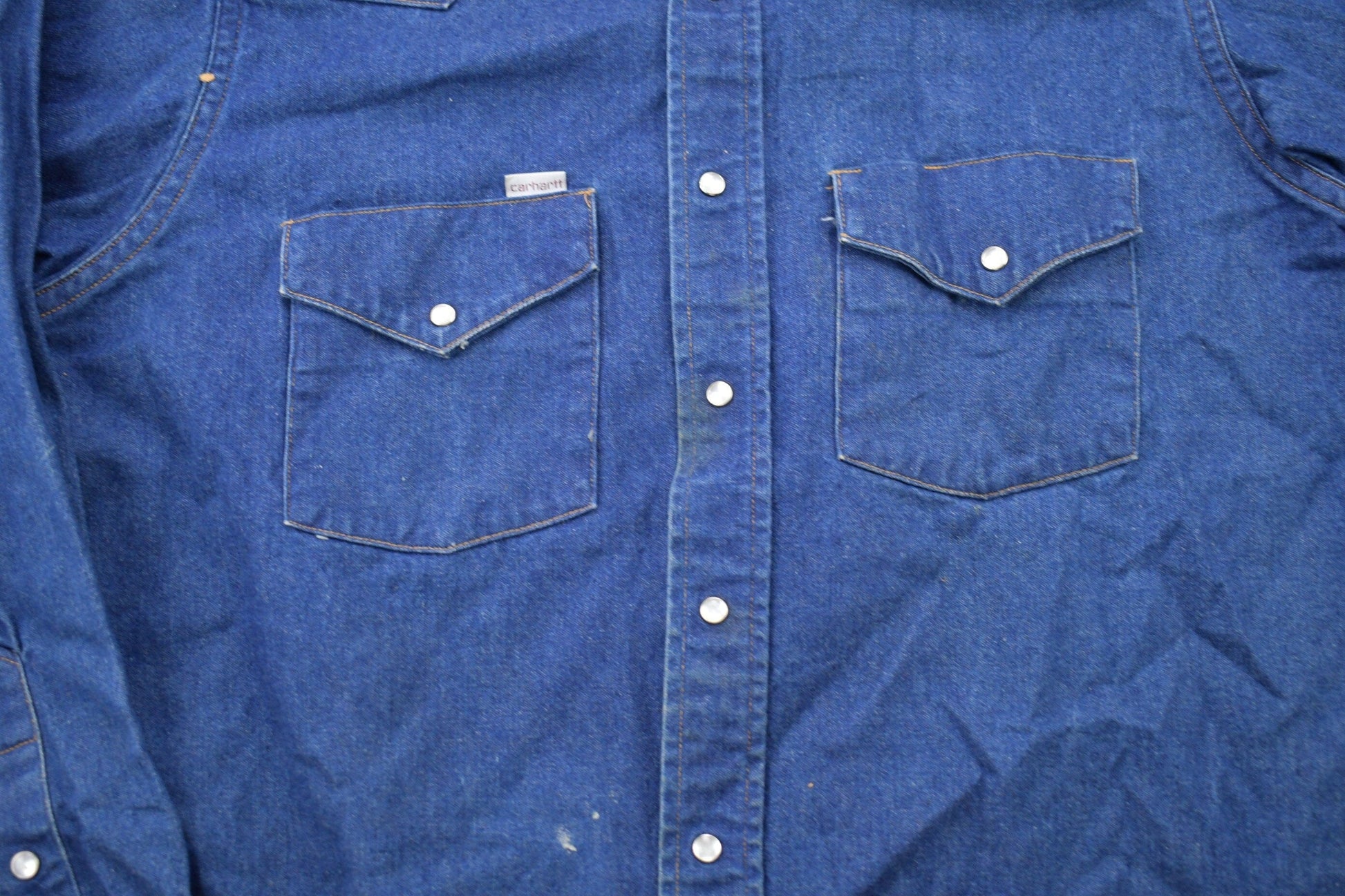Vintage 1980s Carhartt Denim Button Up Shirt Men's Large from propervintagecanada