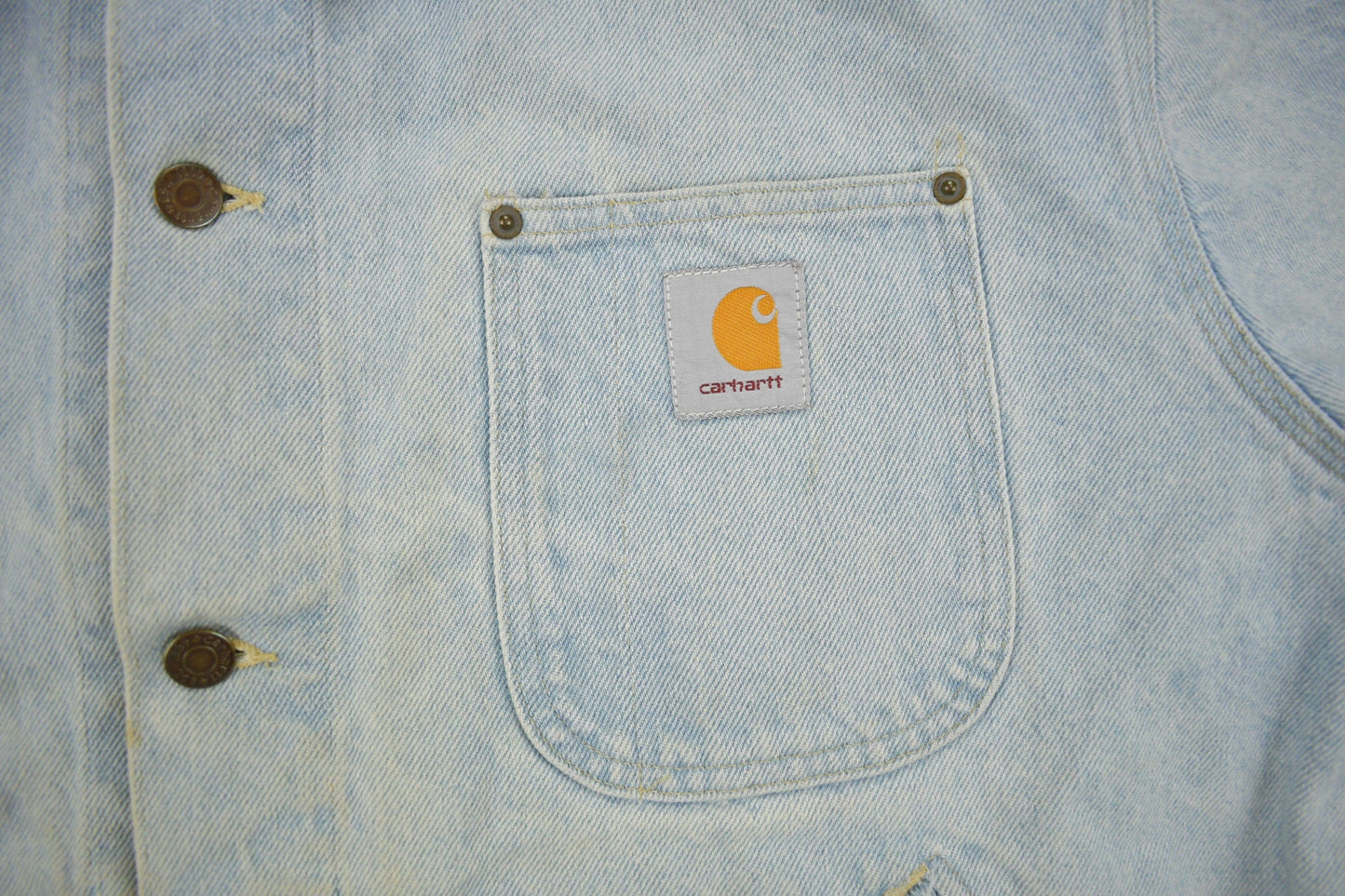 Vintage 1980s Carhartt Detroit Light Wash Denim Jean Jacket Men's XL from propervintagecanada