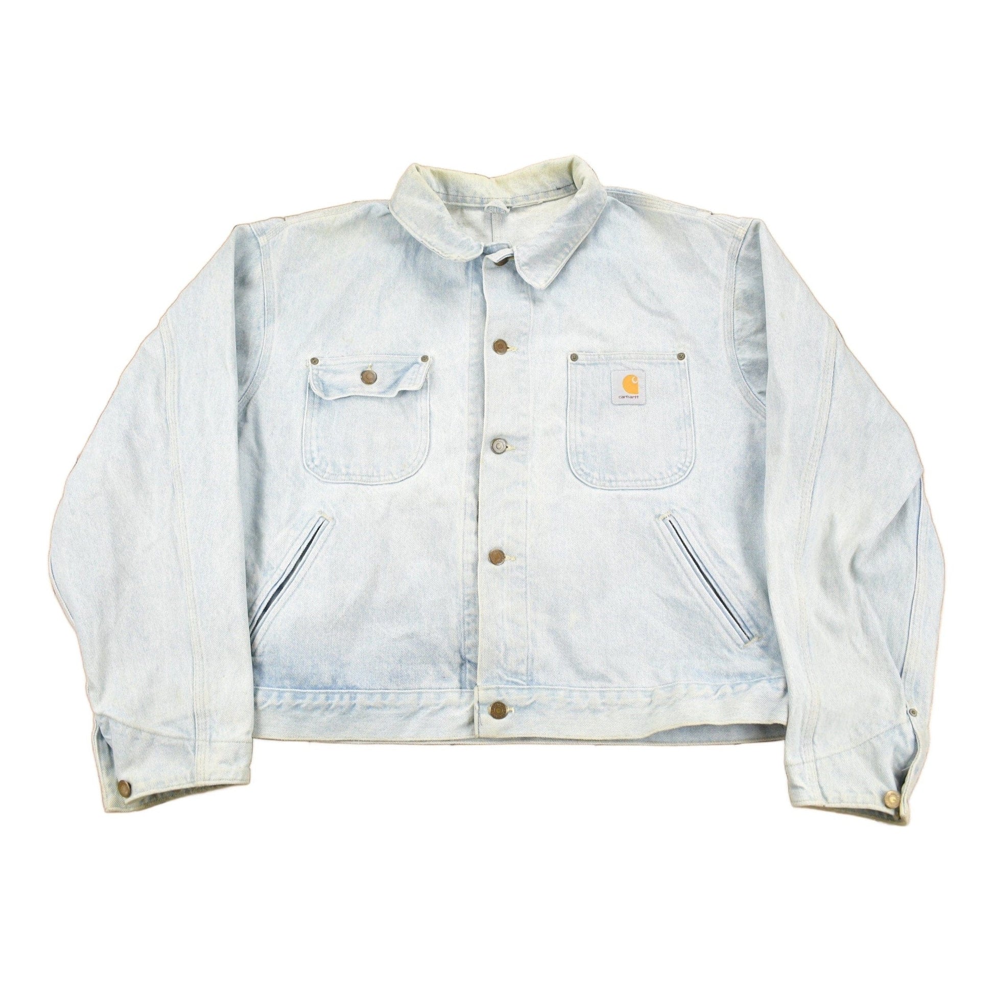 Vintage 1980s Carhartt Detroit Light Wash Denim Jean Jacket Men's XL from propervintagecanada