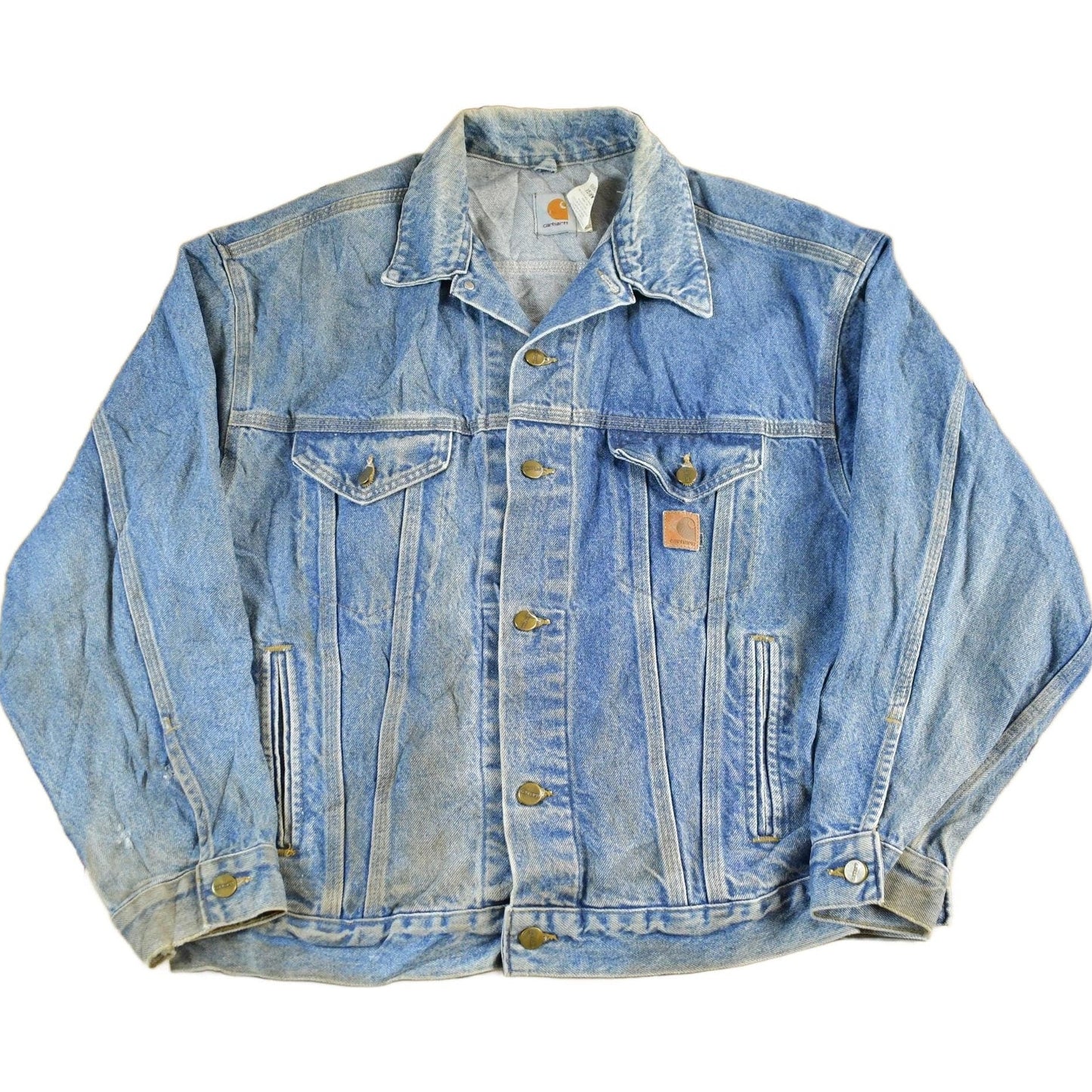 Vintage 1980s Carhartt Distressed Denim Trucker Work Jacket Men's Large from propervintagecanada