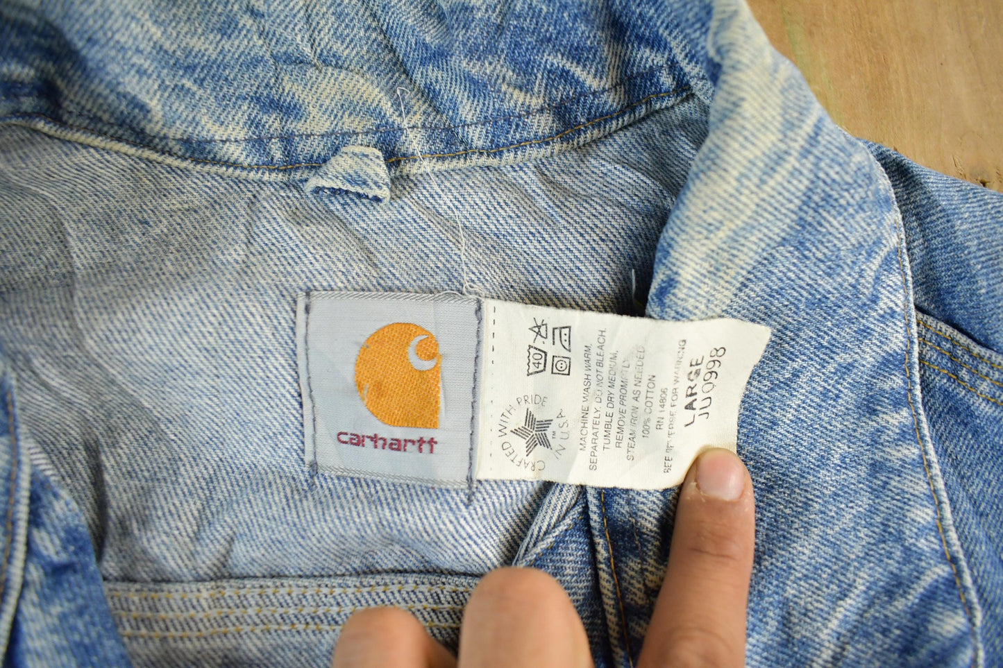 Vintage 1980s Carhartt Distressed Denim Trucker Work Jacket Men's Large from propervintagecanada