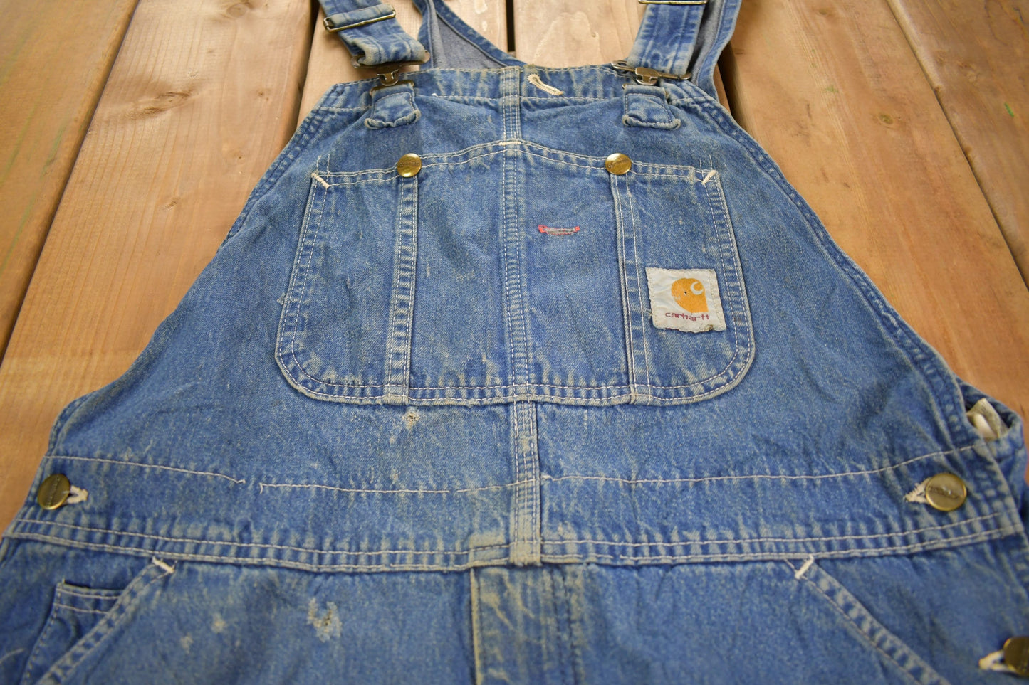Vintage 1980s Carhartt Double Knee Distressed Denim Overalls Men's 36 x 30 from propervintagecanada