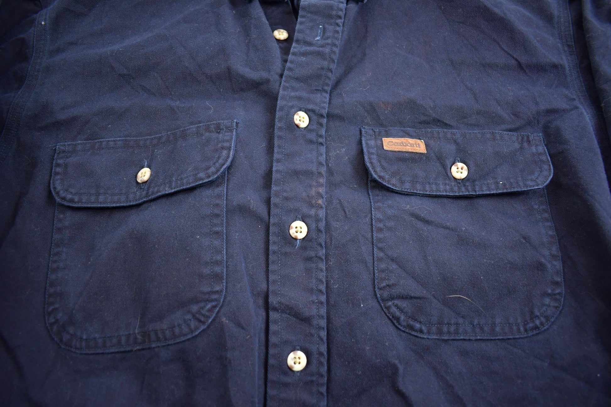 Vintage 1980s Carhartt Heavy Button Embroidered Up Shirt Men's XL from propervintagecanada