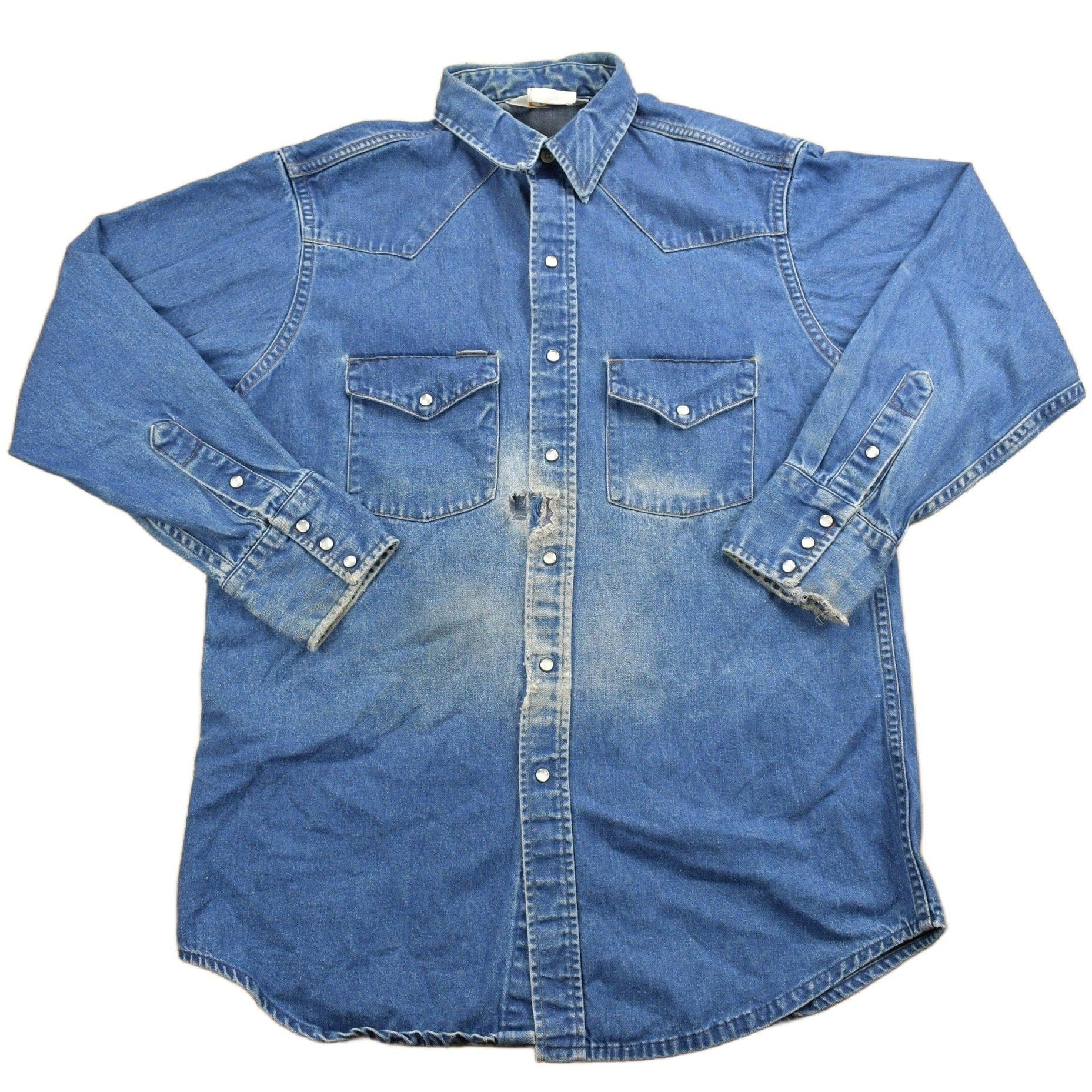 Vintage 1980s Carhartt Pearl Snap Denim Shirt Men's Medium from propervintagecanada
