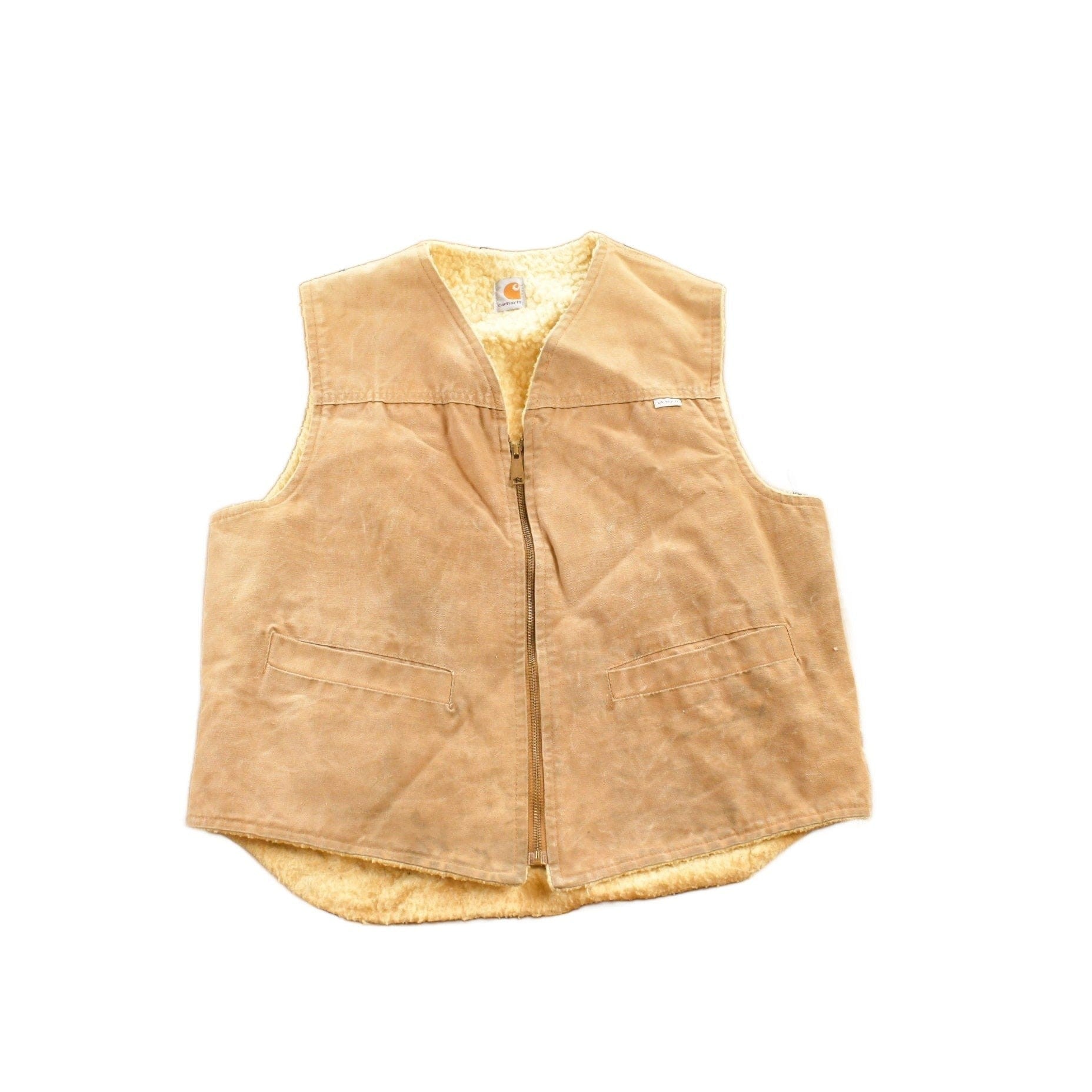 Vintage 1980s Carhartt Sherpa Lined Beige Work Vest Men's Medium from propervintagecanada