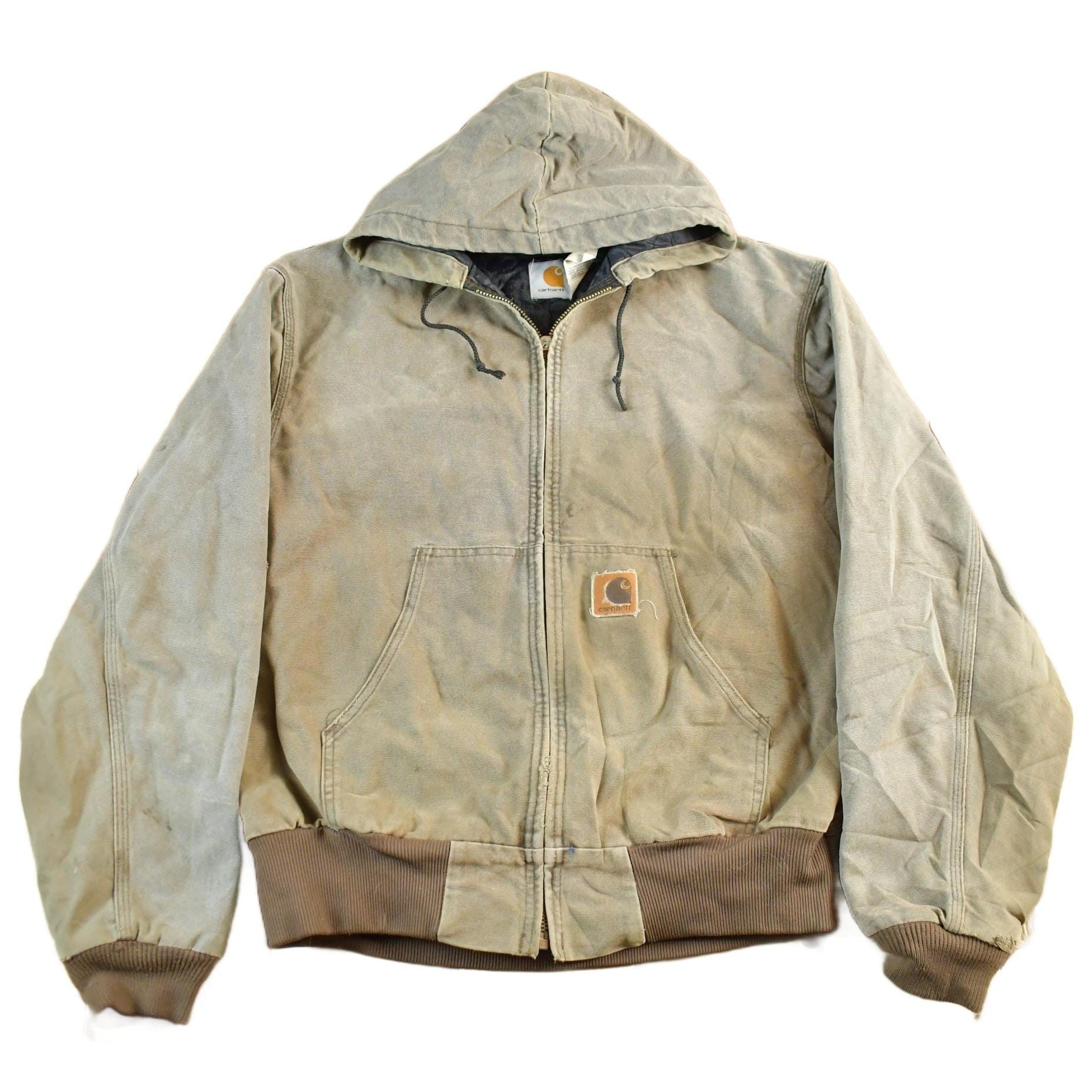 Vintage 1980s Carhartt Sun Faded Distressed Canvas Hooded Work Jacket Men's Large from propervintagecanada
