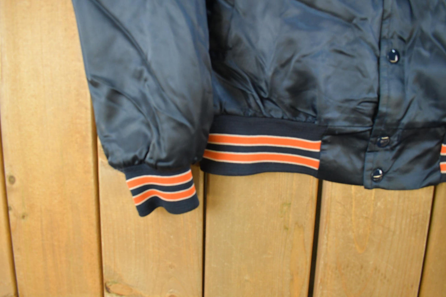 Vintage 1980s Chicago Bears NFL Satin Snap Button Bomber Jacket Men's Medium from propervintagecanada